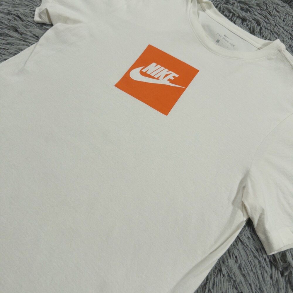 Nike Shirt Large White Orange Sportswear Center Swoosh Box Pullover Tee Mens
